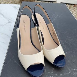 Anne Klein Ebony peep toe sling black heels size 9.5.  Cream/blue